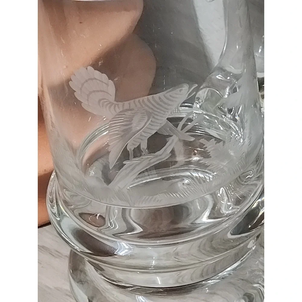 Vtg  Etched Crystal German Beer Mug Tankard Stein Glass Pheasant Pewter Lid 6.5
